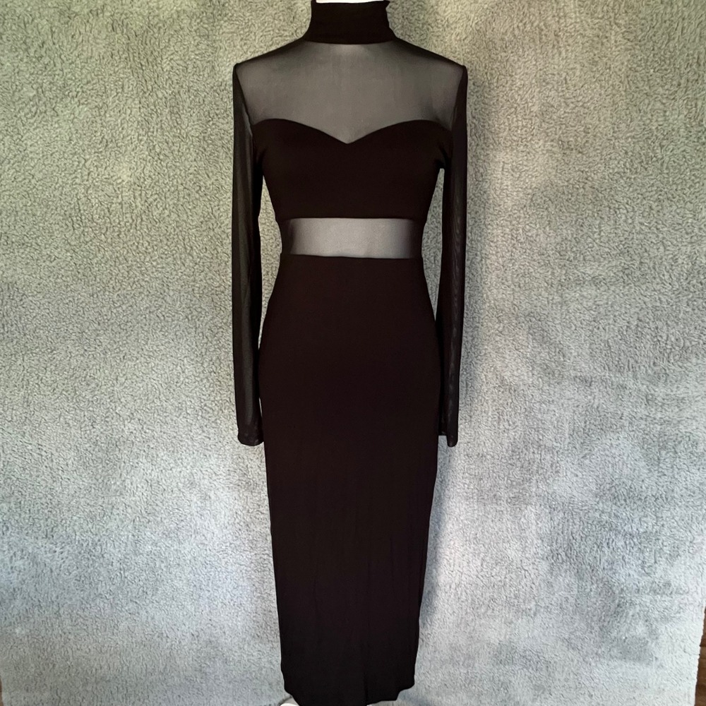 Petal + Pup Farrow Midi Dress M Black Sheer Mesh Cutout Long Sleeve Bodycon